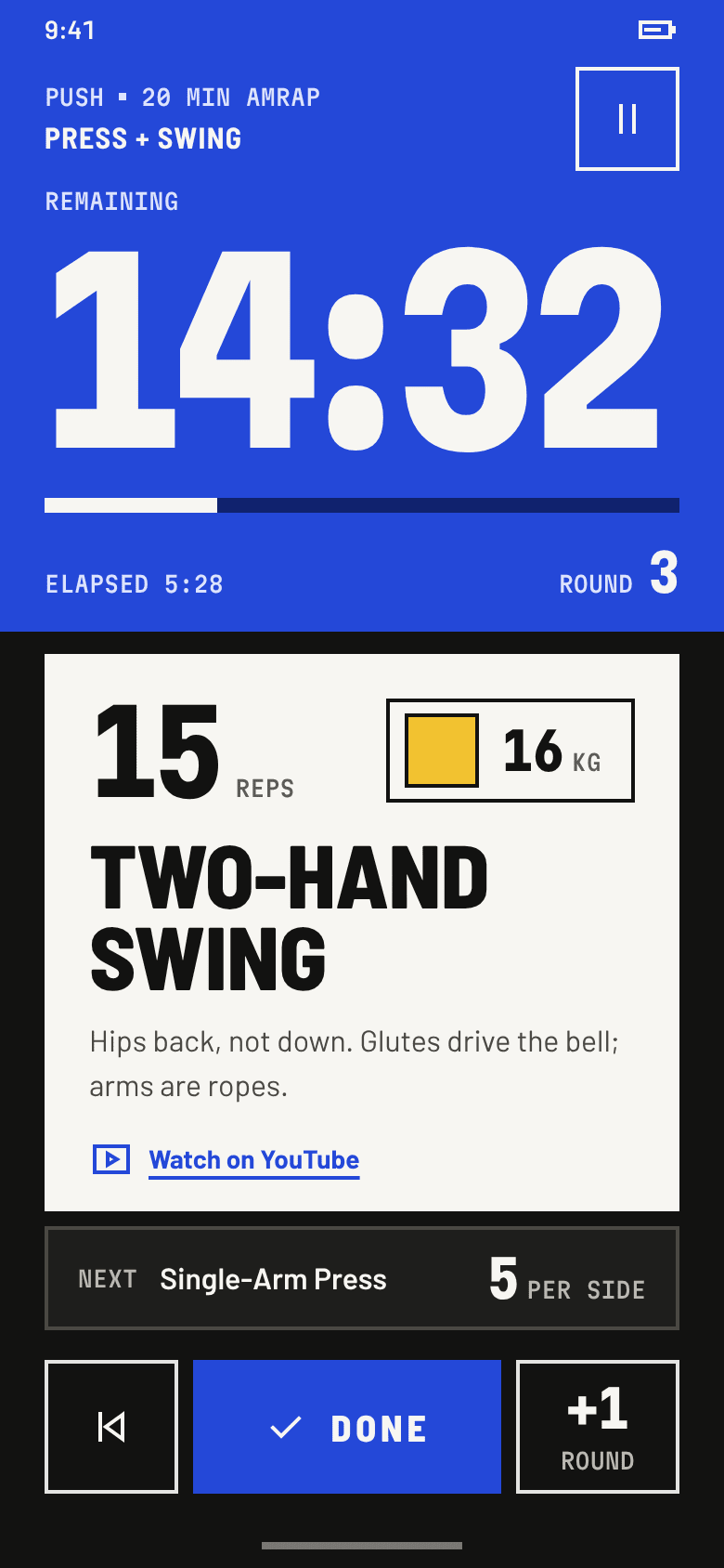 Workout player, with the current exercise and the countdown timer
