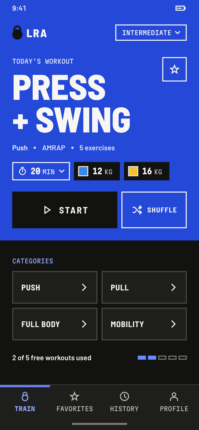 Train screen of the app, with a workout ready to start